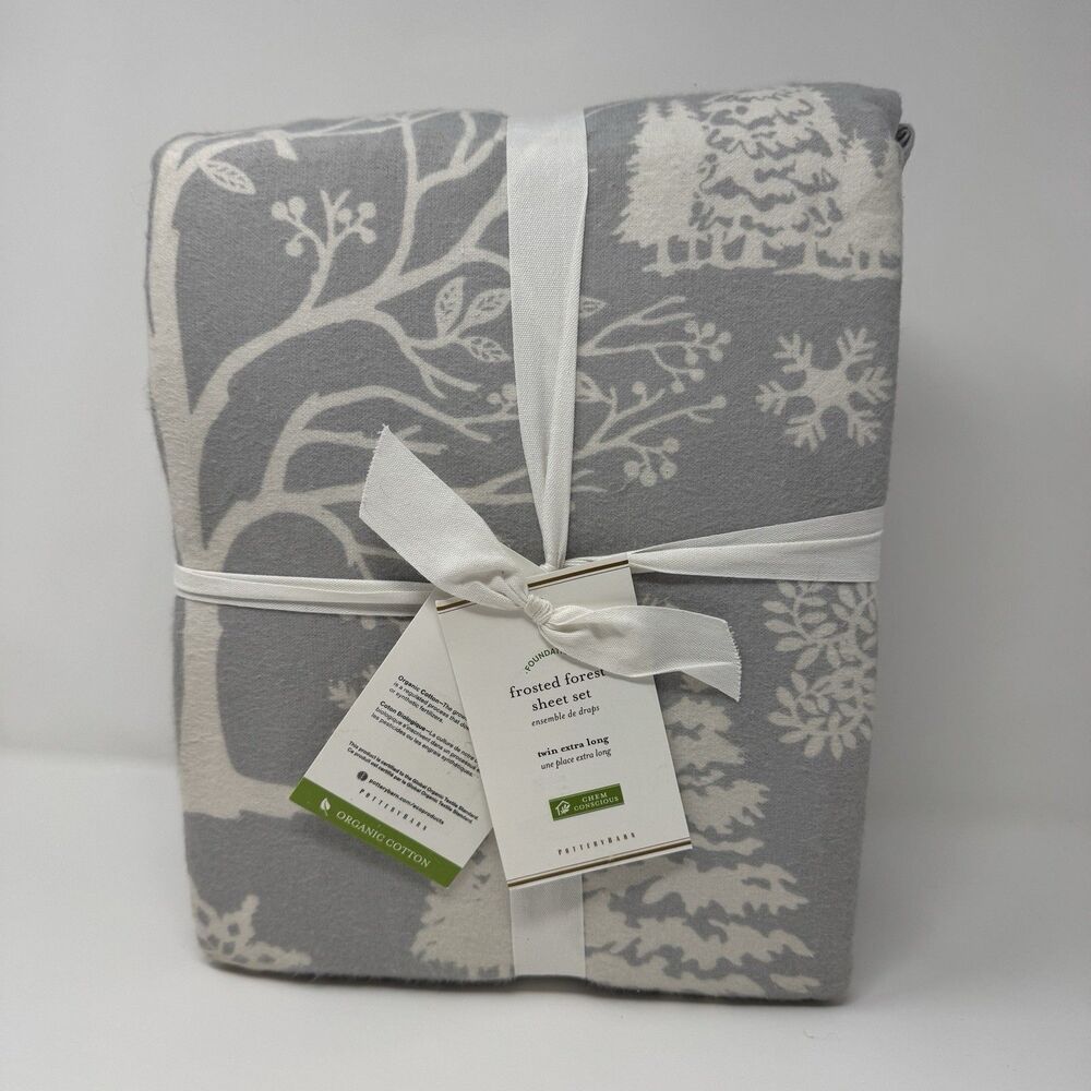 New Pottery Barn FROSTED FOREST ORGANIC Flannel Sheet Set Twin Extra Long XL
